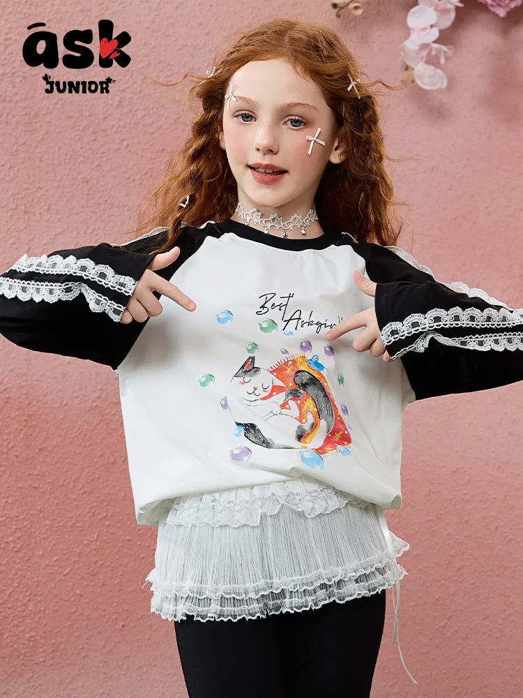 تي شيرت Ask Junior بأكمام طويلة للفتيات، قميص سفلي مضاد للبكتيريا بألوان متباينة وأكمام خشنة #6