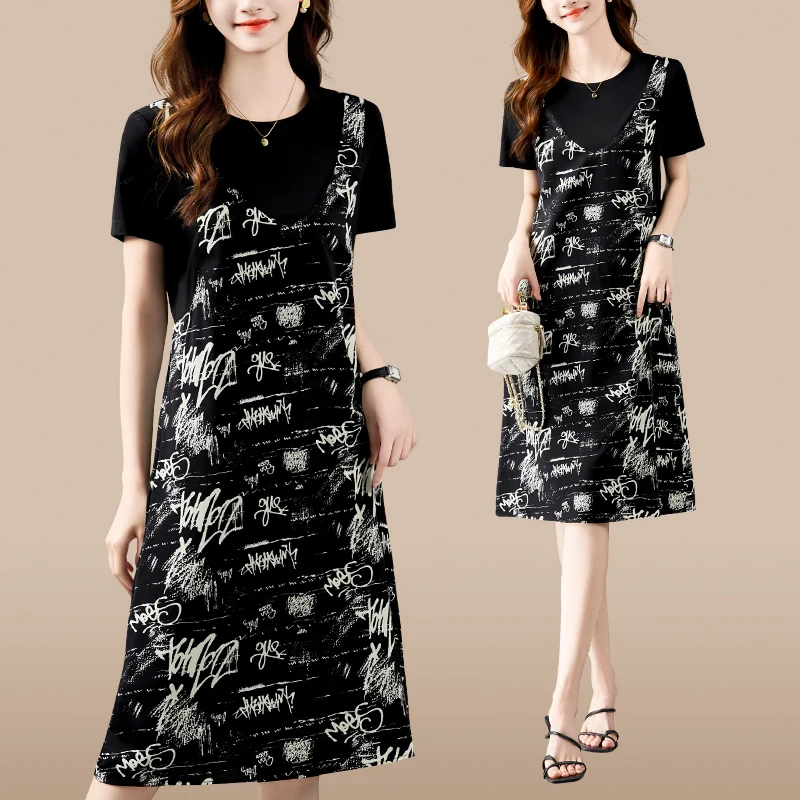 

Ele Casual Dr Women's Summer Faion Youthful Small Stature Young Mom Lazy Sle Fake Two-Piece Skirts