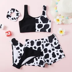 Maillot de bain imprimé vache pour filles, ensemble de 3 pièces, avec short, pour enfants de 7 à 12 ans