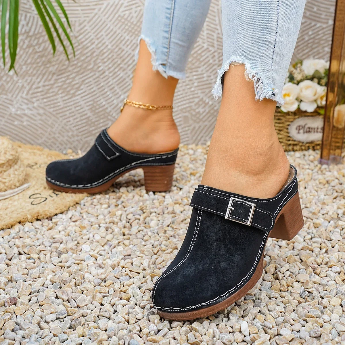 Damen Mules Pantoletten mit hohem Blockabsatz, geschlossene Zehenpartie, zum Hineinschlüpfen, Vintage, Sommer, lässig, bequeme Gehschuhe, Größe 36-43 – Detail 5