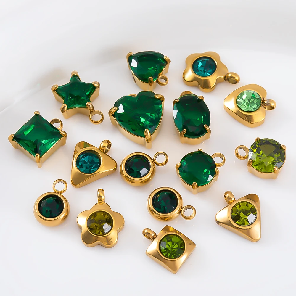 

2/5pcs Stainless Steel Green Color Heart Flower Pendants Multi-shape Zircon Charms for Jewelry Making DIY Bracelet Accessories