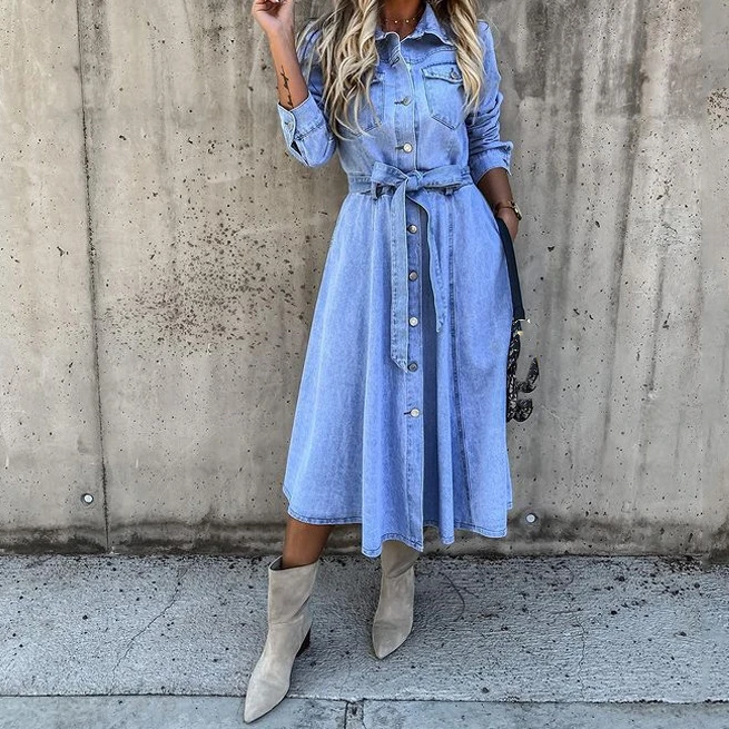 Casual Y2k Long Dress Women Denim Blue Summer Loose Dresses High Waist V-neck Elegant Loose Maxi Work Spring Summer Vestidos