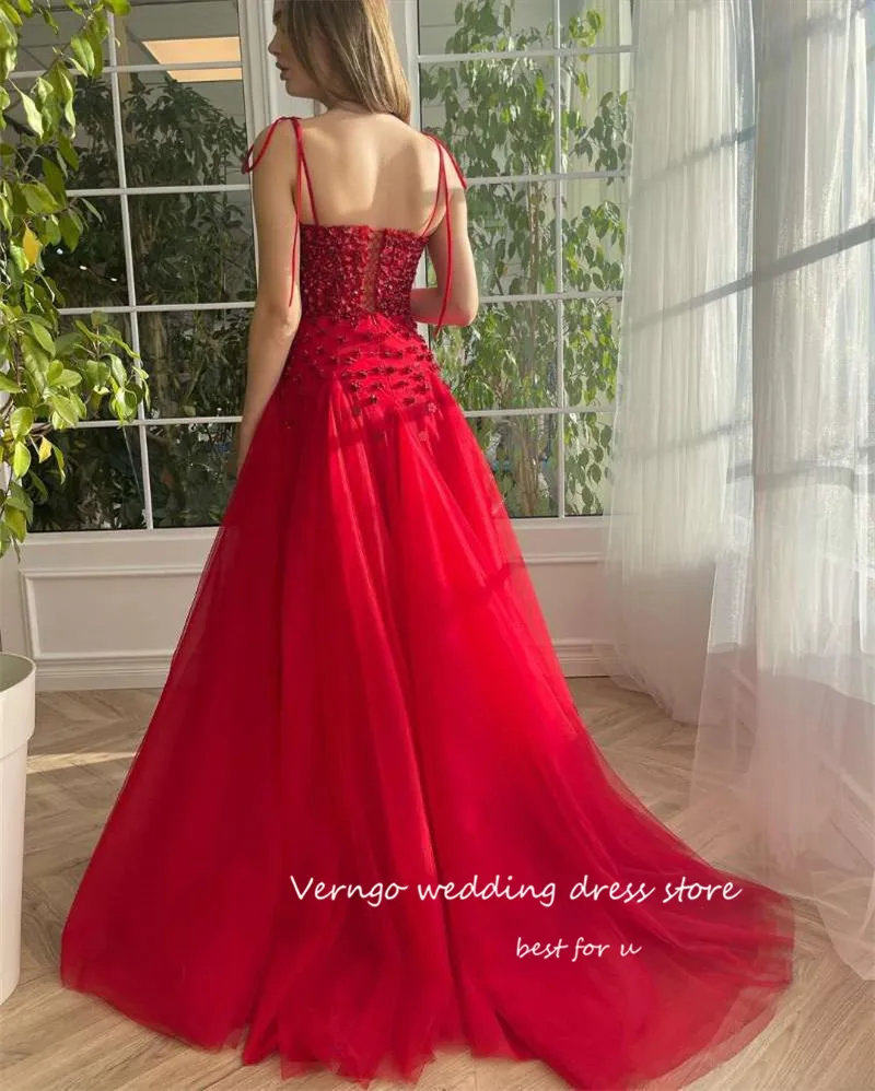 Verngo Red Tulle Sequin Beads Long Evening Dresses 2023 Wedding Party Dress Chic Prom Dress Corset Back Vestido de fiesta