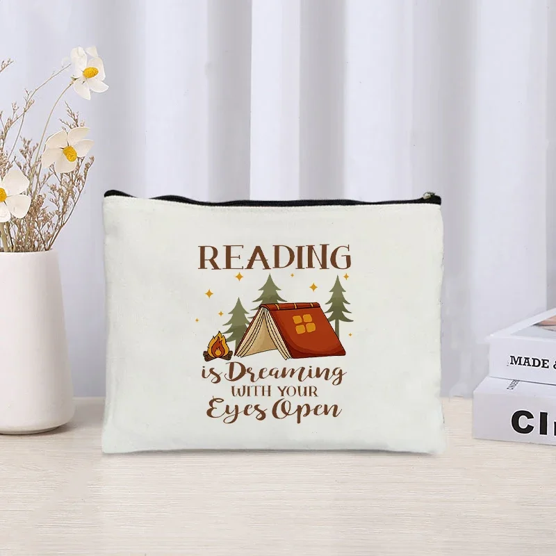 Book Pattern Canvas Pouch Reading Themed Cosmetic Bag Reusable Makeup Organizer For Book Enthusiasts