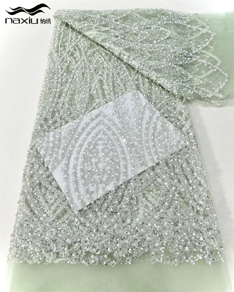 

Madison Embroidery African Handmade Beaded Lace Fabric 2025 Groom Nigerian French Sequins Net Lace Fabrics for Evening Dress