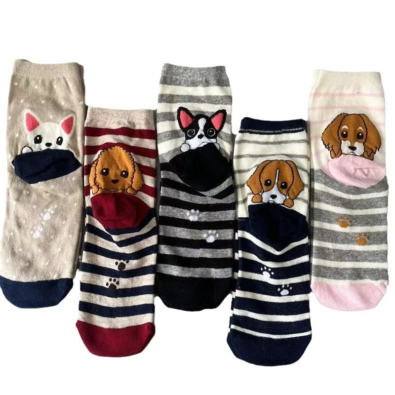 5 Pairs Fashion Colorful Kawaii Cute Cartoon Cotton Women Socks Comfortable Cat Polka Dog Stripe Casual Funny Korean Style Sock