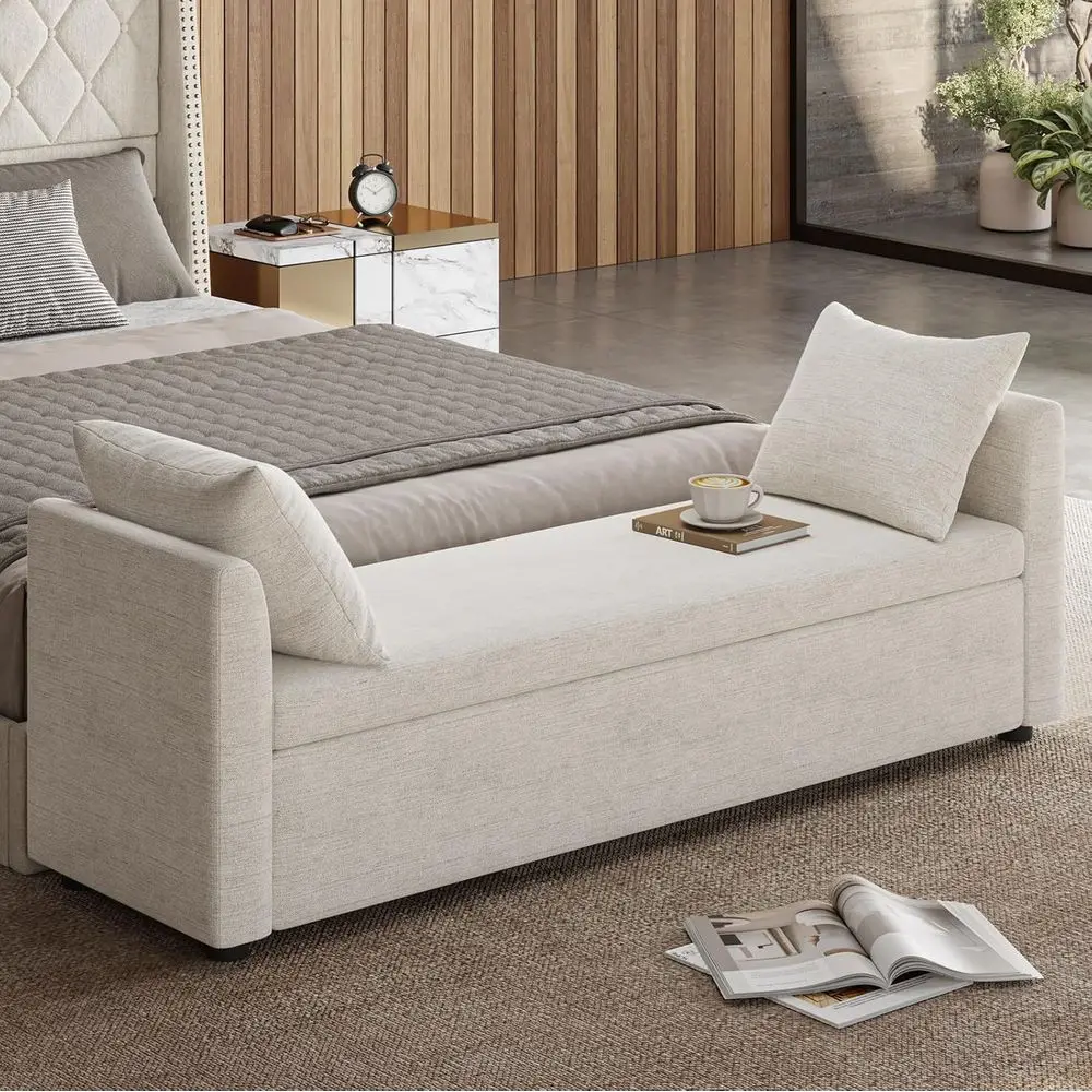

Linen Upholstered Storage Ottoman with Pillows, Armrests, and Multi-Room Use