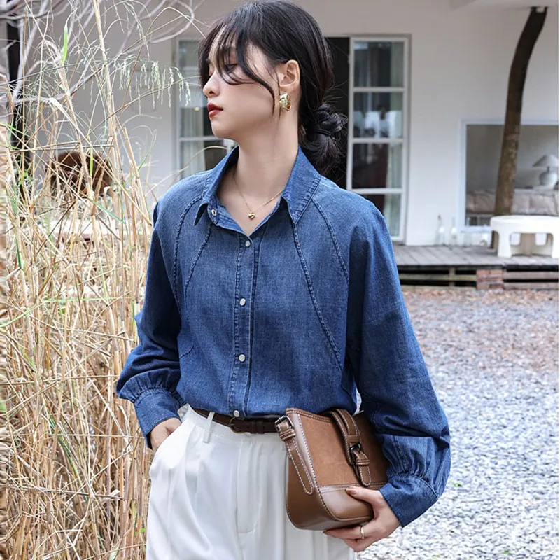 Women Casual Denim Shirt New Arrival 2024 Autumn Vintage Style Raglan Sleeve Basics Office Lady Elegant Tops Shirts W1929