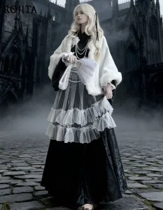 

Gothic Style Dark Series Fleece-Lined Cape Cross-Neck Top Horse-Face Skirt Lolita Women's Set (Accessories Not Included)