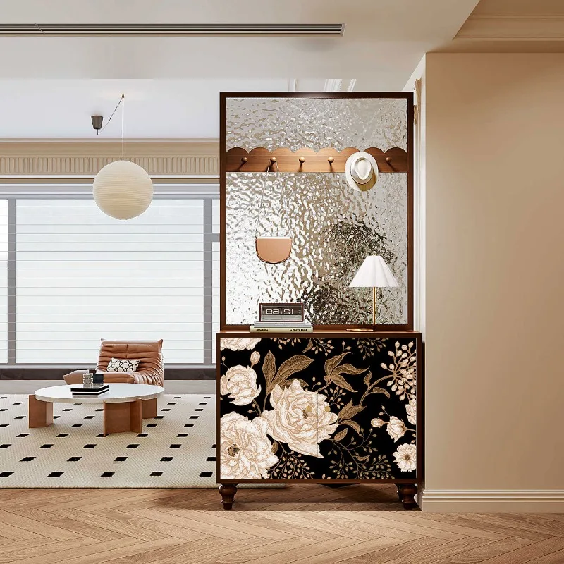 New Chinese-style retro entrance cabinet Solid wood water pattern glass entry door Screen partition Living room storage Shoe cab