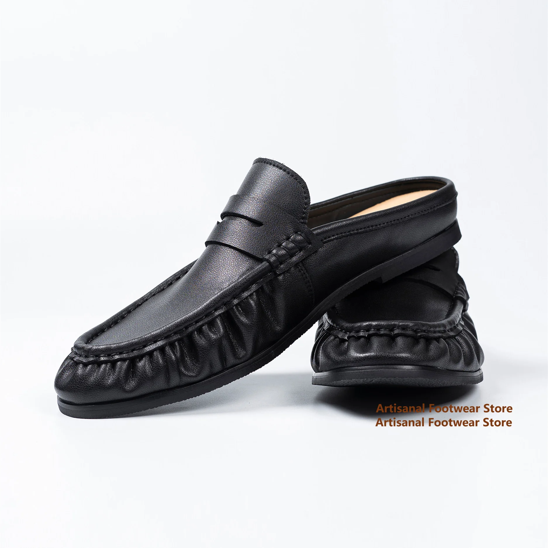 Black Leather Slip On Mules Shoes Soft Pleated Leather Backless Slip-On Mules Flat Casual Loafer Slides Trendy Men's Shoes
