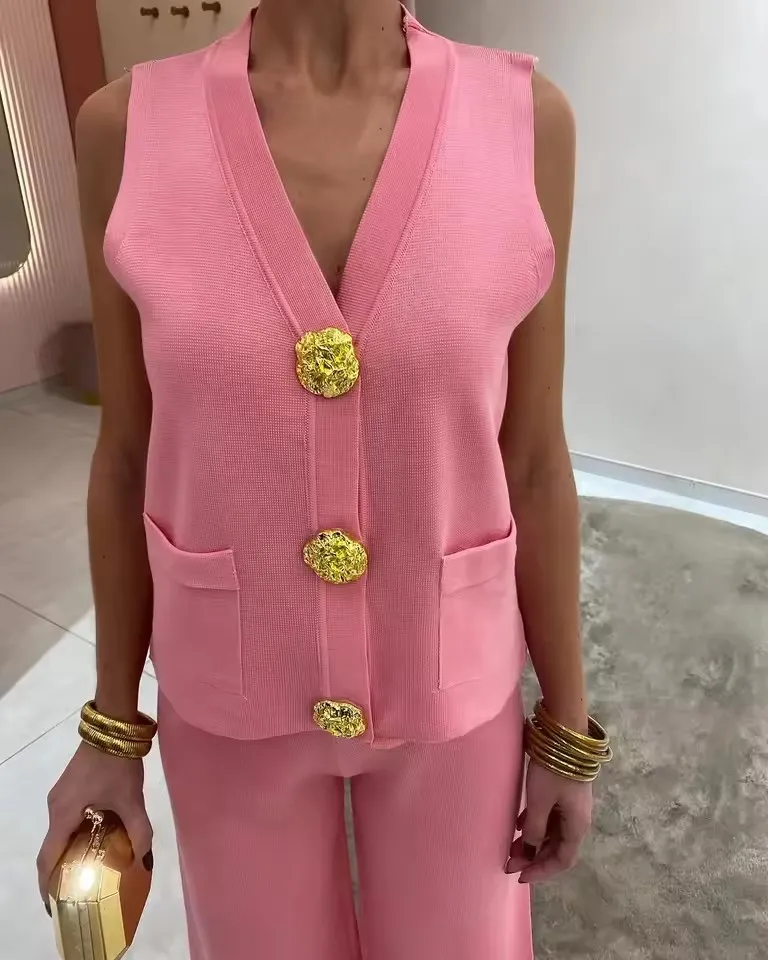 

Loungewear Women Vest Set Gold Botton OL Style 2025 New V Neck Set 2 Pieces Sweater Set for Summer Baggy Wide Leg Long Pants