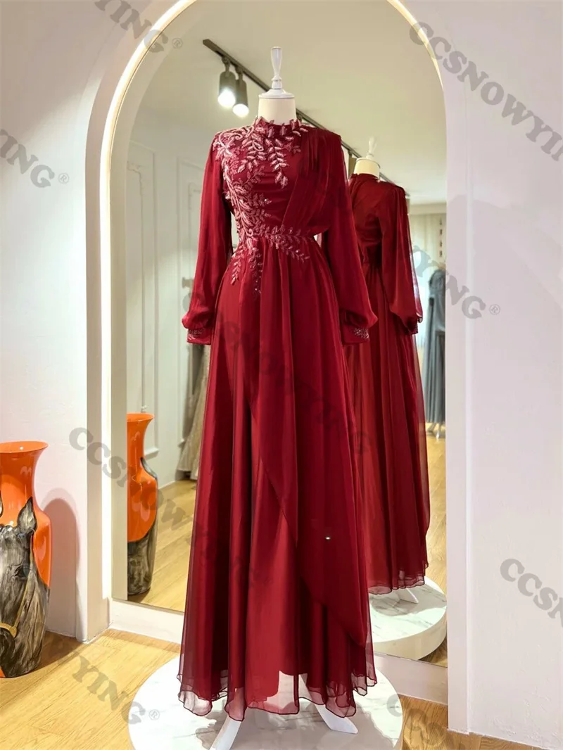 

Chiffon Appliques Hijab Evening Dresses Long Sleeve A Line Islamic Formal Party Gown Arabic Dubai Muslim Robe De Soiree