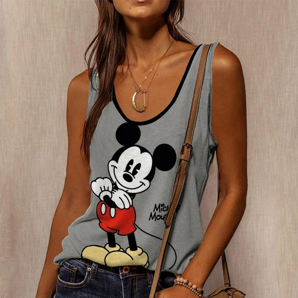 Disney Mickey Mouse 3D Print Tank Tops Women Retro Streetwear Y2k Oversized O-Neck Vest Off Shoulder Sleeveless Woman Camisole