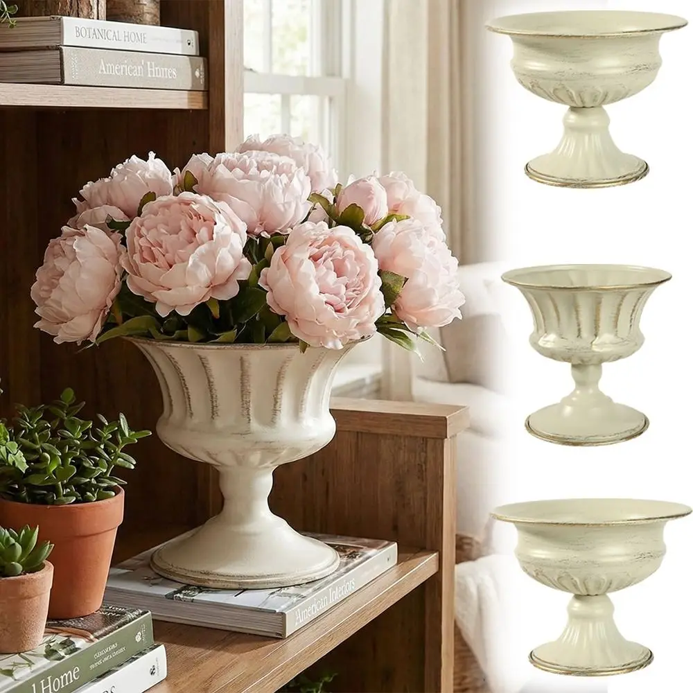 Vintage Metal Flower Pot White Multipurpose Urn Vase Flower Pot Roman Planter Floral Living Room