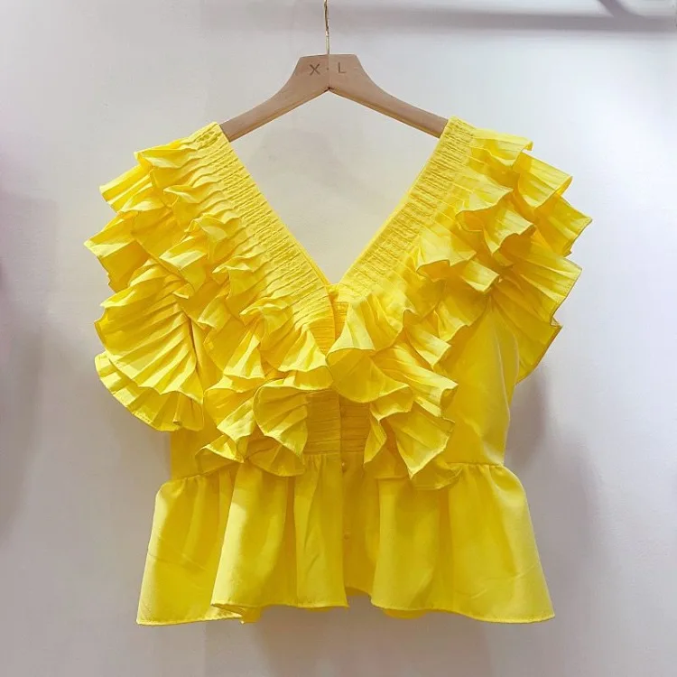 

Топы без рукавов с v-образным вырезом и оборками в стиле пэчворк, Mujer, винтажный жилет с рюшами и тонкой талией, Blusas Mujer, новинка лета 2021, жилет для женщин