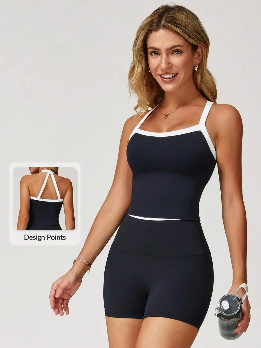 

Womens 2 Piece Sports Set Yoga Workout Outfit High Elasticity Breathable Black Summer