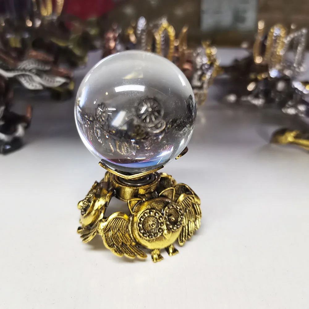 Golden Revolve Owl Metal Crystal Base Sphere Holder Desk Decoration Room Handicraft Decor Wholesale