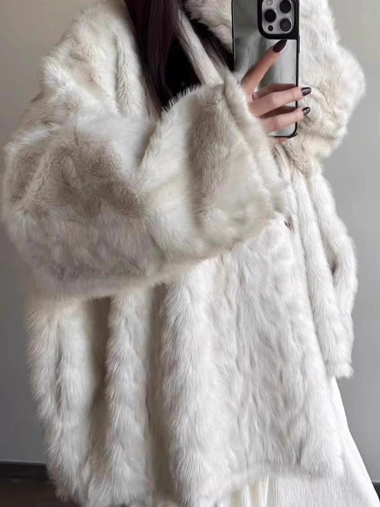 

Loose Fit Fur Coat Women's Winter Warmth Outerwear Cloud Mist Stone Lazy Sle Long Sve Bat Wing Sve Polyester ...