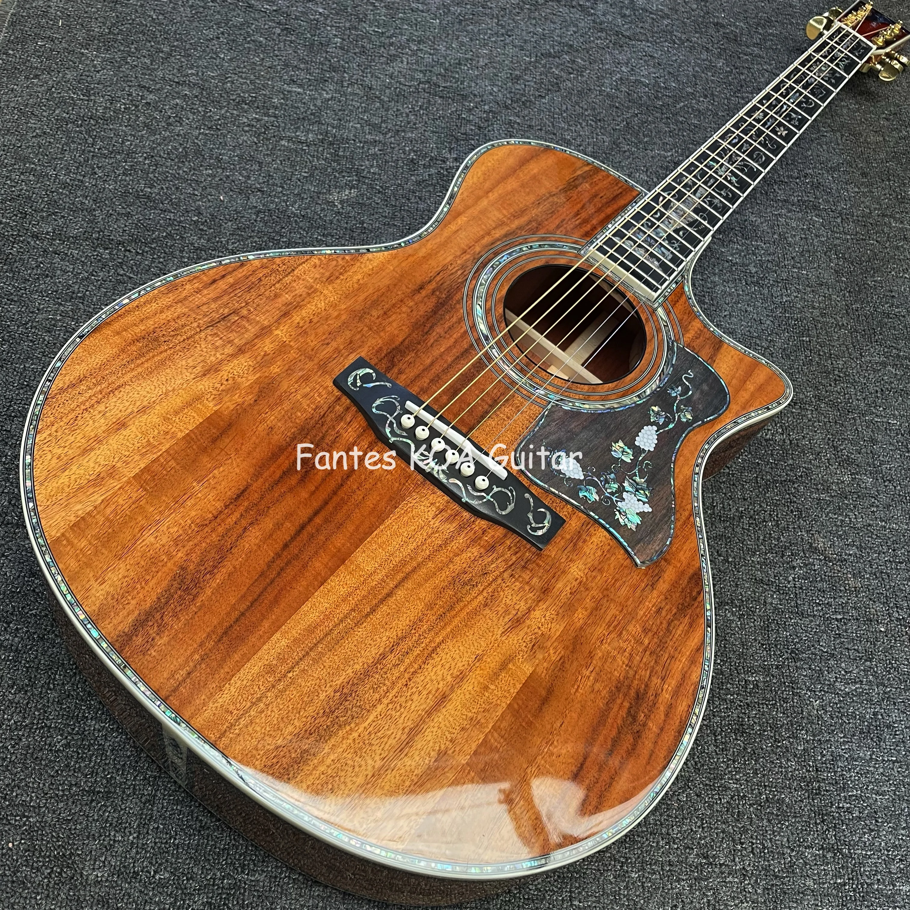 Custom 40 Inch OM45 Deluxe Cutaway Body Solid KOA Wood Acoustic Electric Guitar with Customized Pickguard and Umbrella Torch Lo