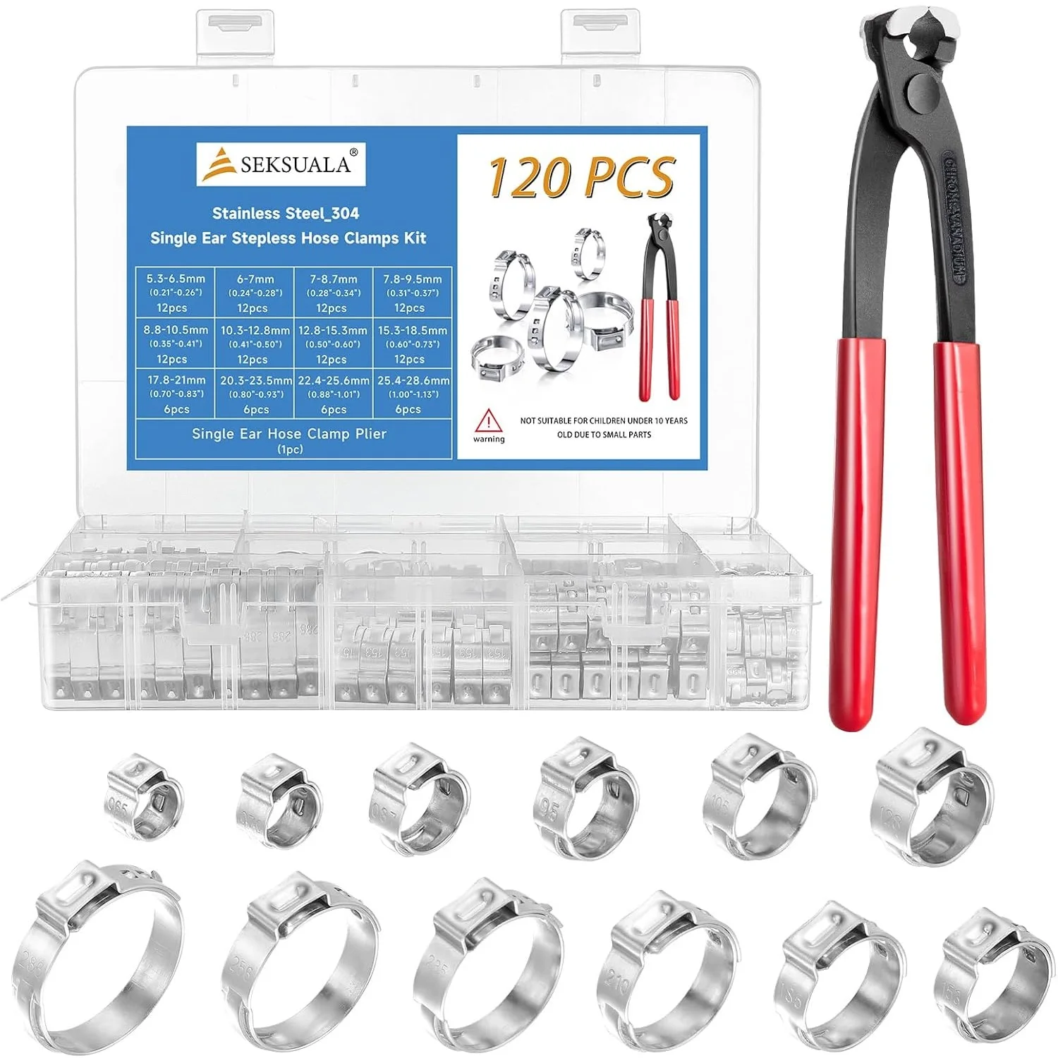 120pcs Single Ear Hose Clamp with Plier 304 Stianless Steel Cinch Clamp Ring Assortment Kit Stepless Adjustable Pipe Clamp Clips