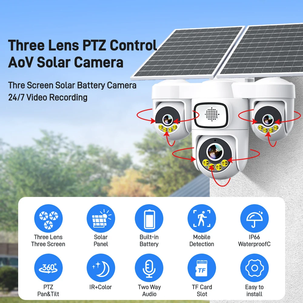 4G SIM Solar Security Camera 15MP 6 Motors Built-in Battery AOV Wireless IP Cam 3 Lens 3 Screens 3 PTZ 360° Remote Rotation CCTV
