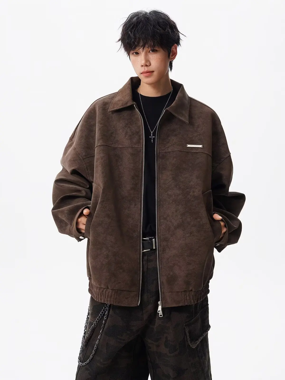 

Men's Spring and Autumn Pu Leather Flight Jacket, Loose Retro High-End Style, Cool Lapel Leather Jacket, Unique Double Zipper Design