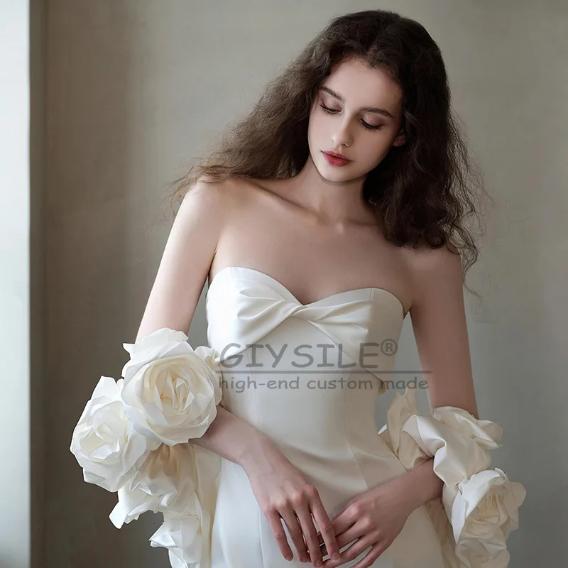 

GIYSILE Customized White Satin Wedding Dresses for Bride 2025 French New Simple Prom Dress Flower Shawel Mermaid Dress Vestidos