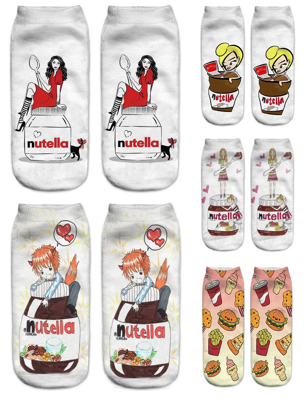 

Женские носки Nutella с 3D принтом пиццы забавные короткие весенние летние счастливые хлопковые Модные женские повседневные носки до щиколотки