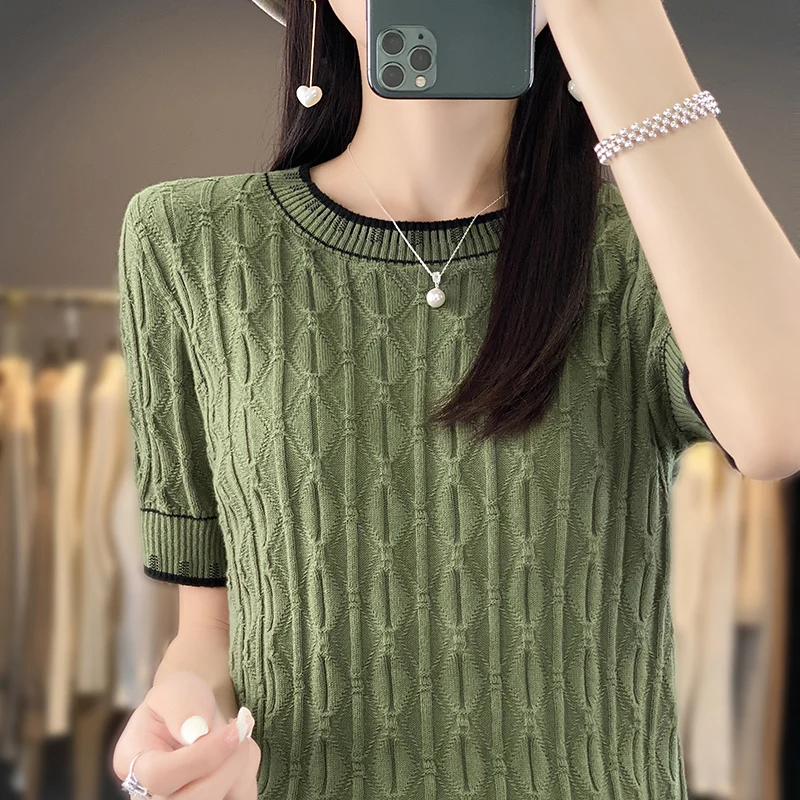 100% Cotton Knitted T-shirt Women\'s Casual Fashion Pullover Short Sleeve 2023 Summer New Round Neck Panel Korean Loose Top T-shi