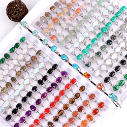 Wholesale 30/50/100 Pcs/Lot Fashion Bohemia Natural Stone Opal Silver Color Metal Rings Jewelry for Women Men Mix Style Gifts
