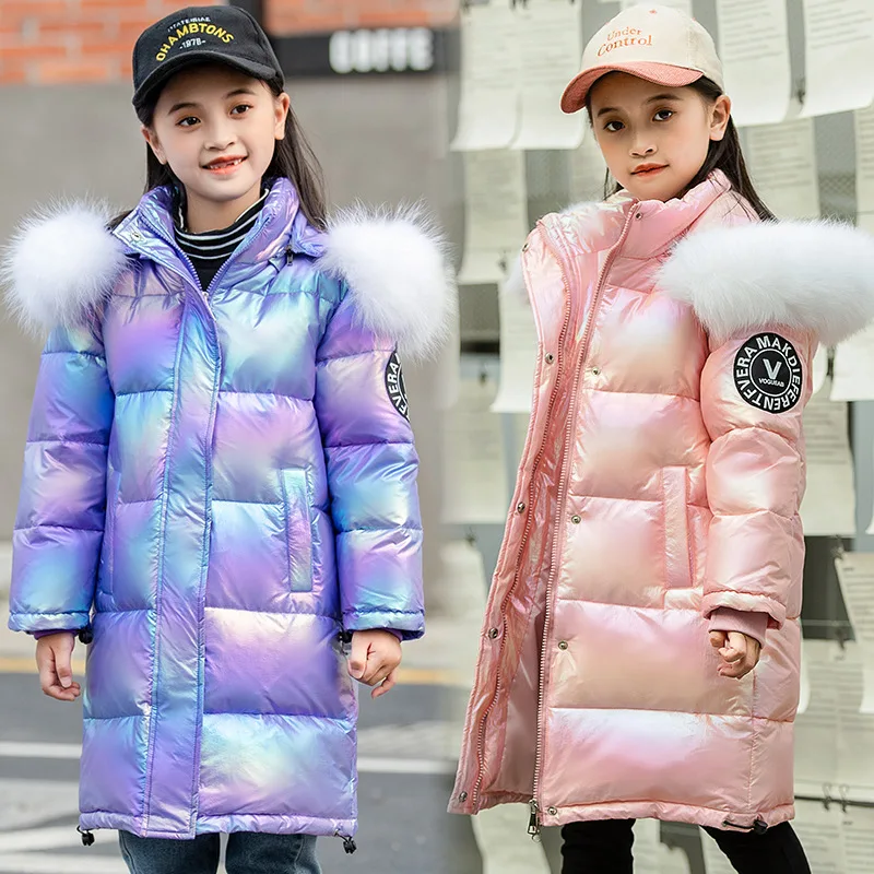 YBFSKID Russian Winter Children Down Jacket Faux Fur Sticker Plus Velvet Little Girl Parkas Shinny Thicken Junior Girl Outerwear