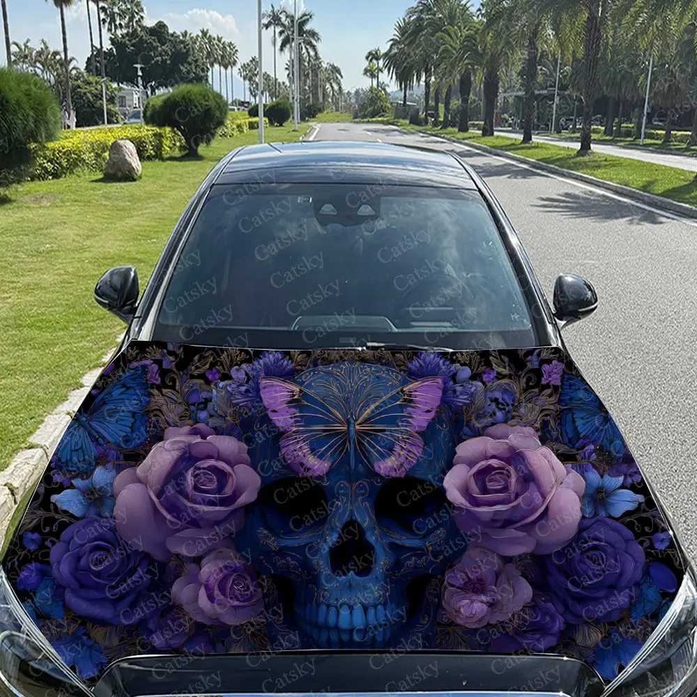 Car Decal Skull with Purple & Blue Roses and Butterflies for a Bold, Nature-Infused Aesthetic Car Hood Sticker, Waterproof Self view 3