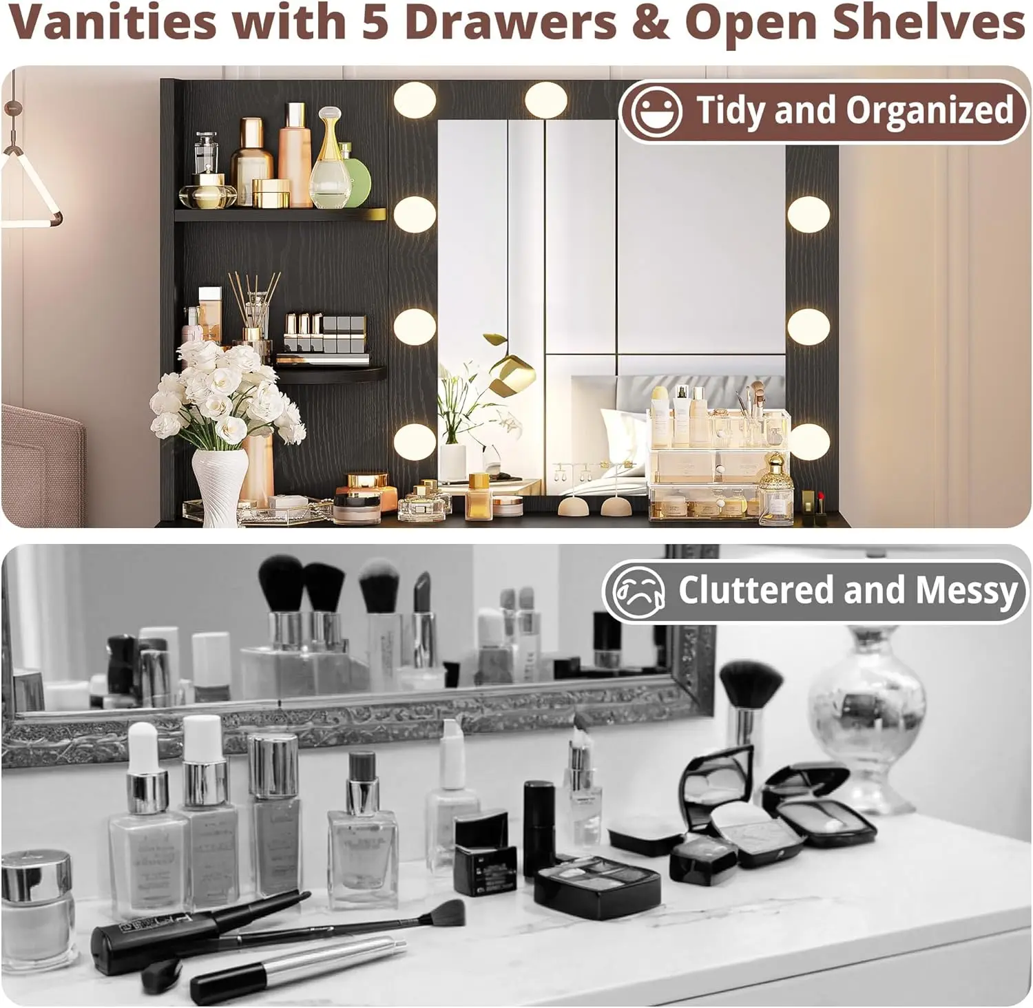 مكتب زينة من IRONCK مع مرآة وأضواء، طاولة زينة صغيرة للمكياج مع 5 أدراج، طاولة تزيين لغرفة نوم الفتيات والنساء