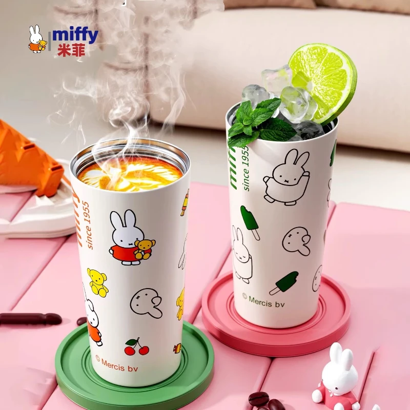 Miffy Kawaii аниме мультфильм кролик термос из нержавеющей стали 316, портативный вкладыш с соломинкой, двойной питьевой рот, кофейная чашка