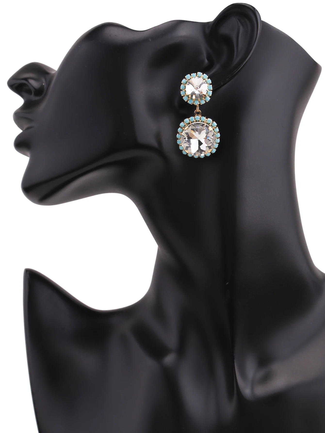 Exquisite sea blue solid color rhinestone size circle geometric earrings for women's daily wear bridal earrings