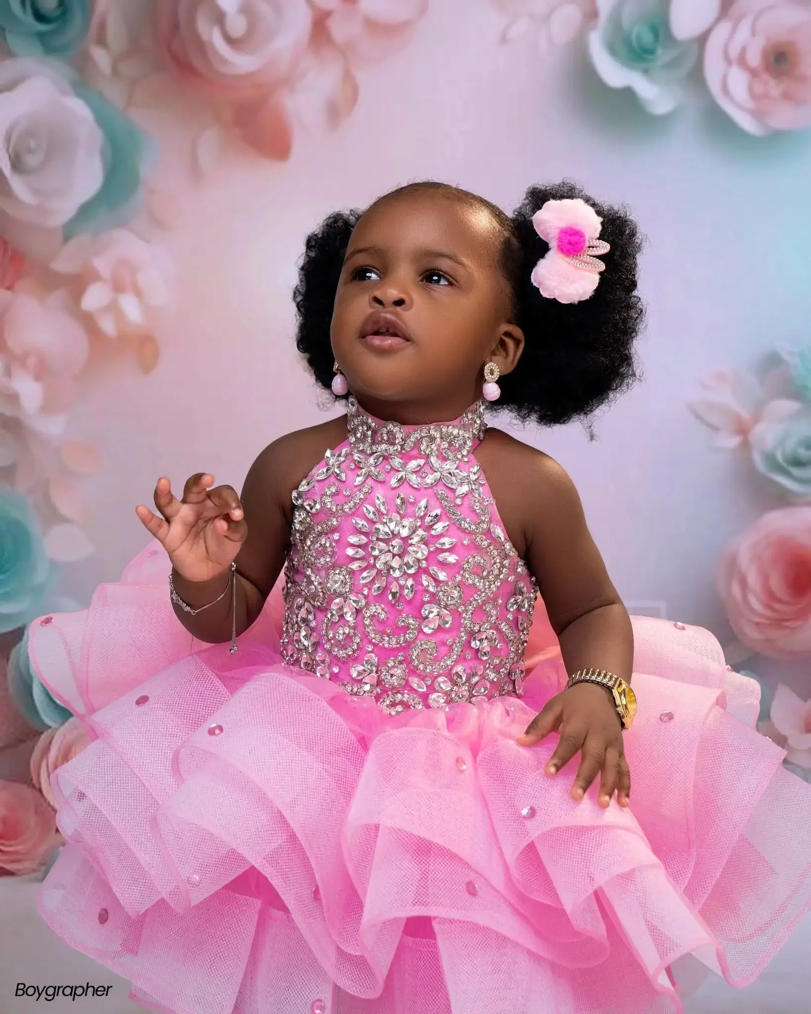 Customized Pink Flower Girl Dress for Wedding Crystal Knee Length Layered Lovely Baby Girl Birthday Gowns First Communion Gown
