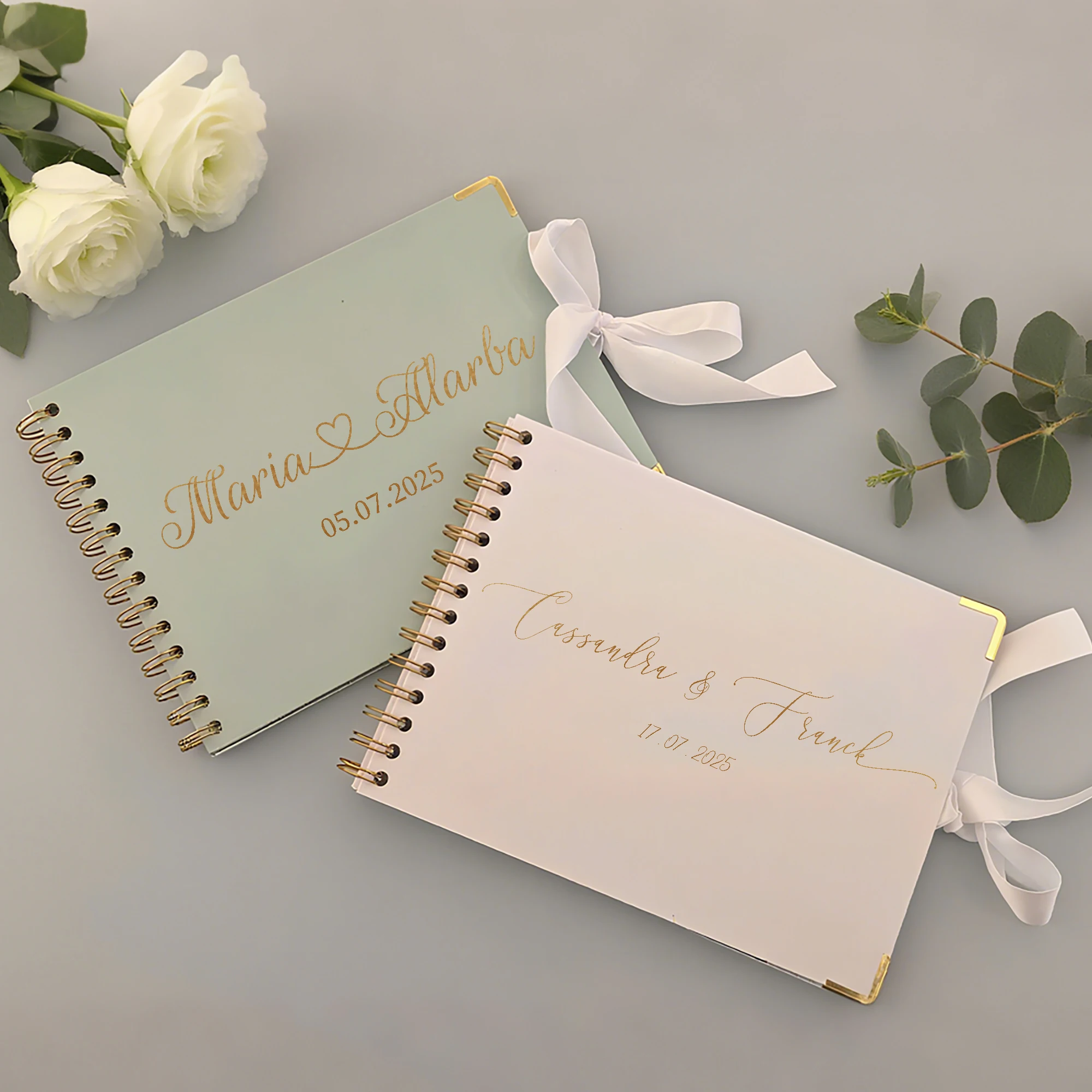 كتاب ضيوف مخصص لحفلات الزفاف باللون الأبيض/الوردي/الأخضر دفتر زوار مخصص للاستقبال مع شريط، كتاب توقيع الخطوبة المخصص #4