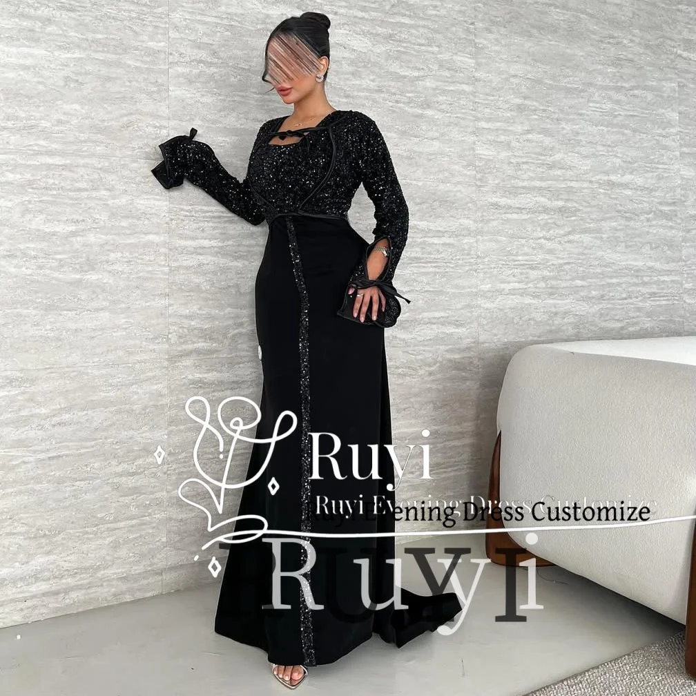 

Customized Sequin Glitter Black Evening Dresses 2025 Women Wedding Elegant Party Dress Long Sleeves Ribbons Prom Gown