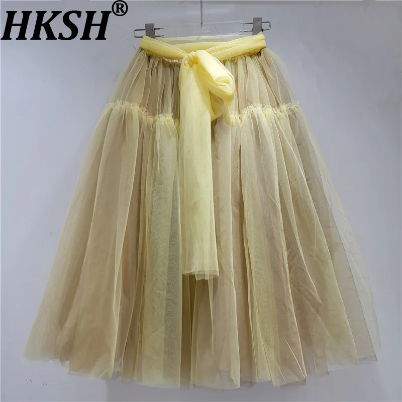 

HKSH 2026 Spring Summer New Women Puffy Skirt Mesh Pleated A-line Elegant Sweet Casual Skirts High Street Fashion Trendy HK18964