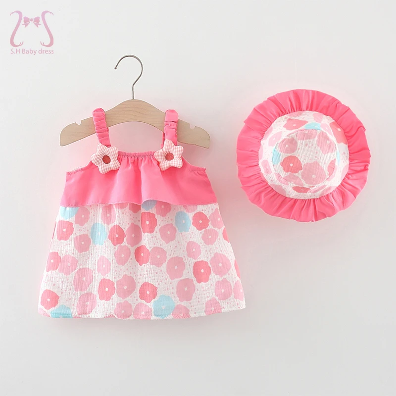 2Pcs/Set S.H Baby Girl Dresses Sweet Flowers Kids Clothing Suit Casual Thin Toddler Children Costume For 0 To 3 Years Old + Hat