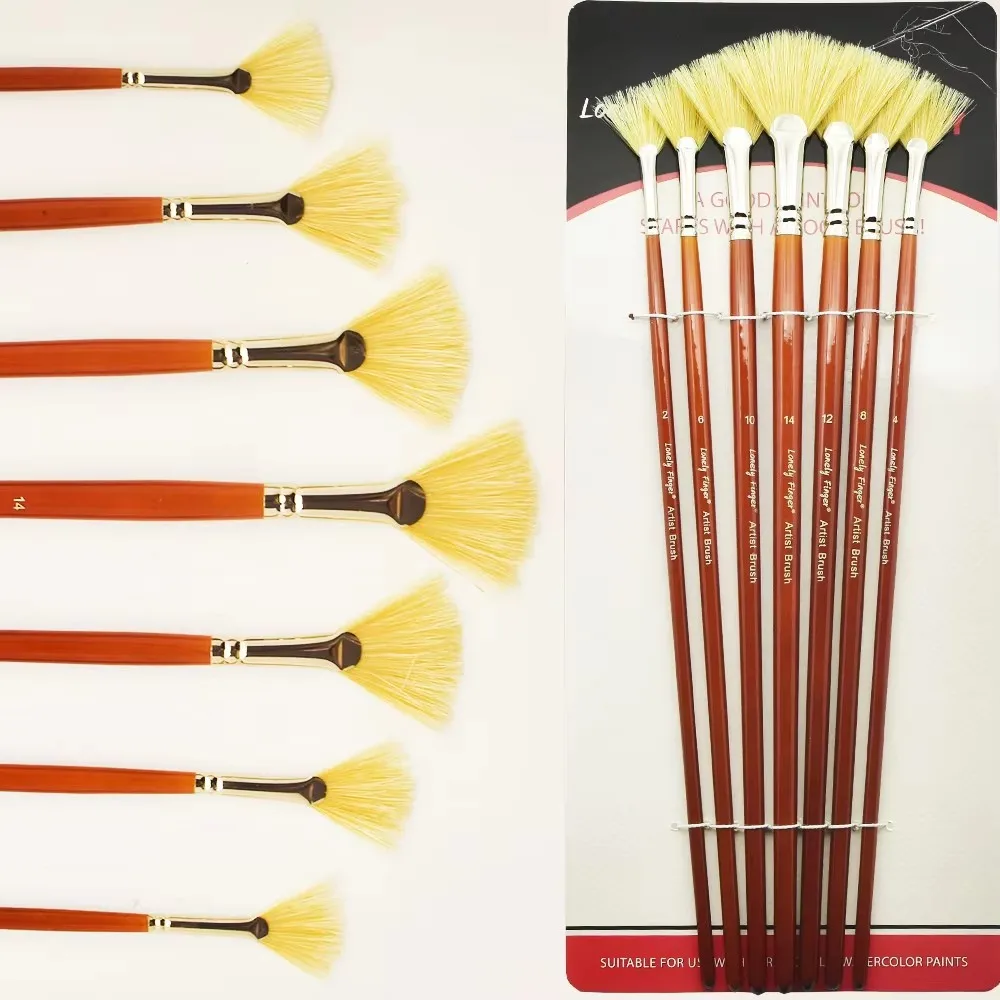 7/14pcs Artist Fan Paint Brush, Hog Bristle Natural Hair Anti-Shedding Brush Tips, Long Wooden Handle for Comfortable Holding