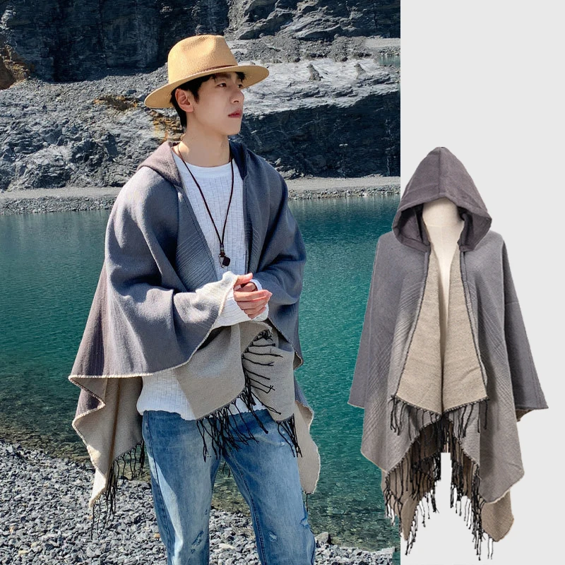 

Fashion Gradient Colors Faux Cashmere Cape Thick Poncho Hooded Coat Unisex Autumn Winter Long Shawl Travel Wraps Outerwear