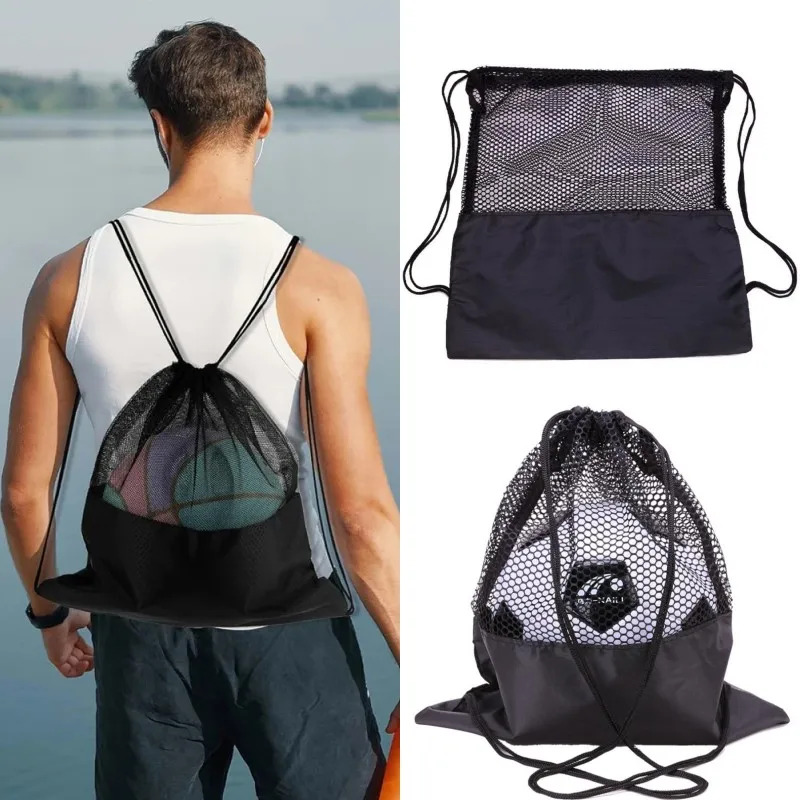 Drawstring Mesh Backpack Bag Football Basketball Team Train Storage Bags Portable Sports Swim Travel Gym Pocket Bag