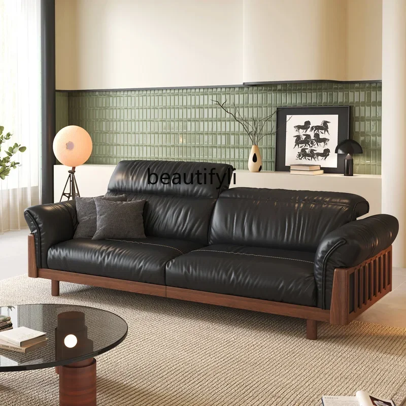 M45 Q Solid wood sofa living room black first layer leather, straight row adjustment sofa