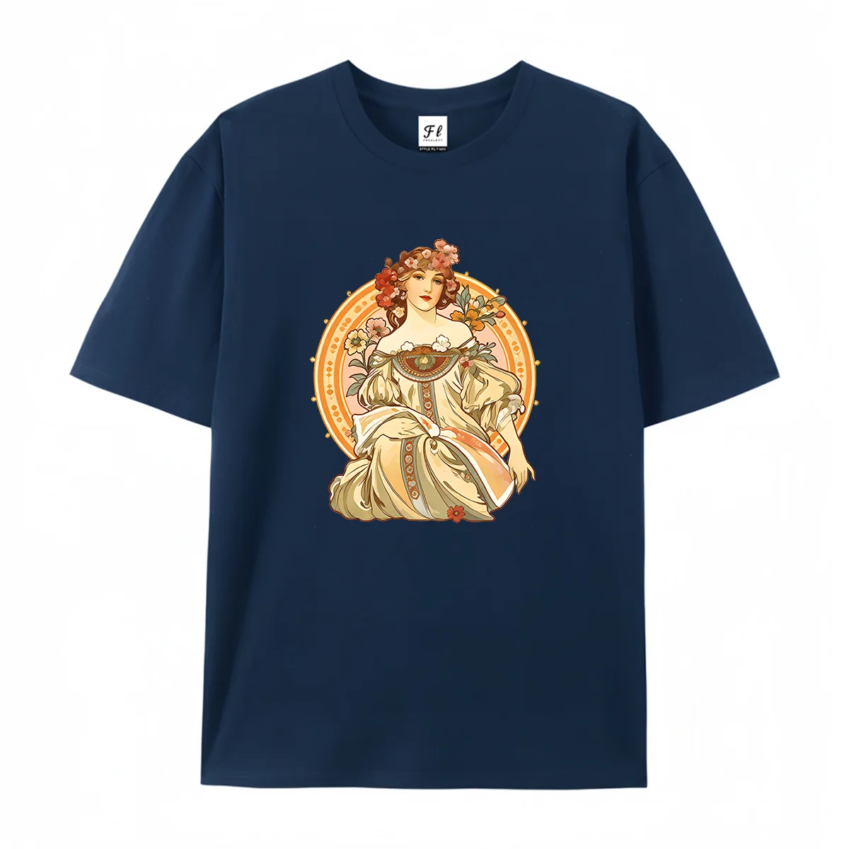Women Vintage Art Nouveau Lady Graphic T Shirt Casual Short Sleeve Tee Retro Floral Portrait Art Pattern Print Soft Cotton Tops