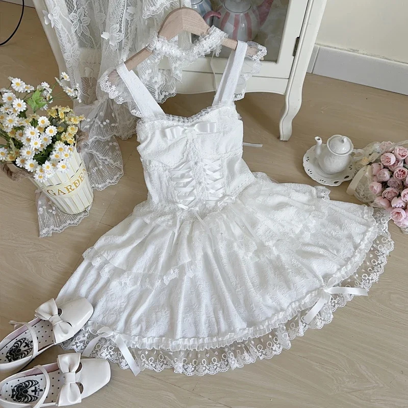 Y2k Japanese Sweet Lolita Jsk Dress Women Elegant Ruffles Lace Bandage Princess Strap Dresses Girls Kawaii Tea Party Mini Dress image 3