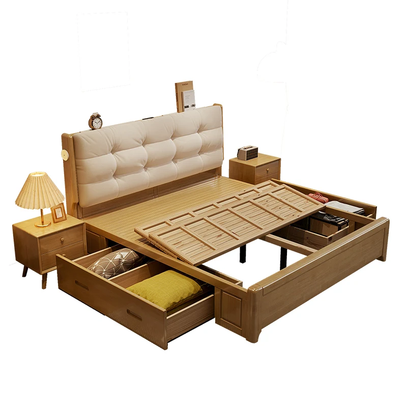 

Solid wood bed modern simple master bedroom double bed soft bag