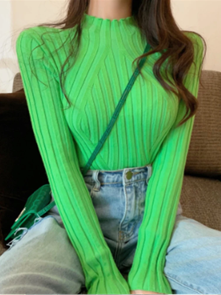 

Облегающий полосатый базовый слой, верхний топ для женщин, уличный длинный свек, осень-зима, модный повседневный вязаный свитер