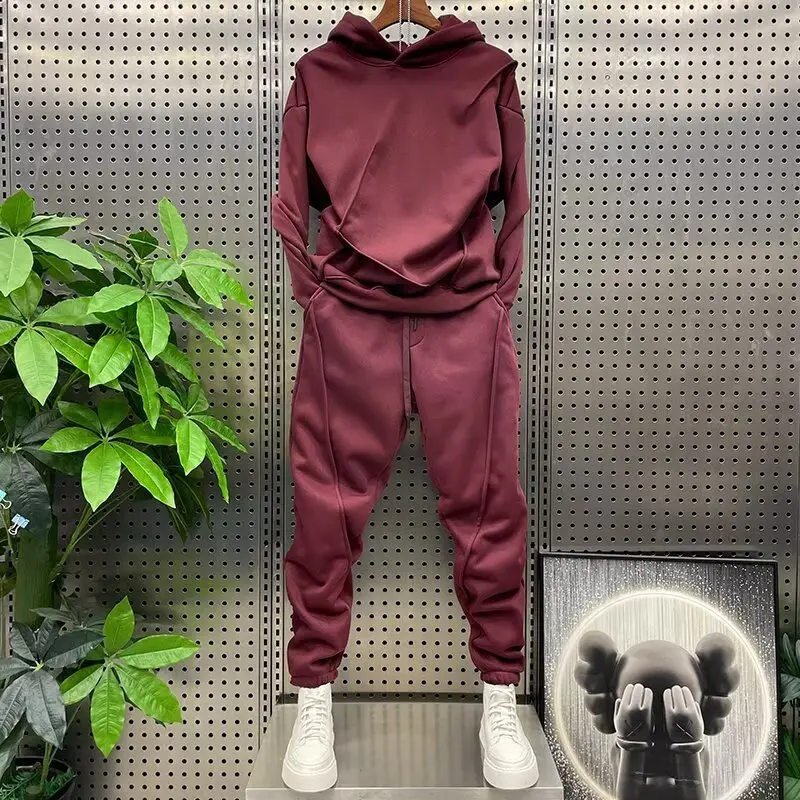 Men's autumn and winter solid color sports and leisure set, long sleeved hoodie, leg binding, youth 2pcs set